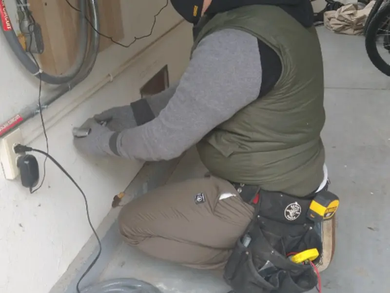 Electrician performing outlet wiring in a Russellville garage